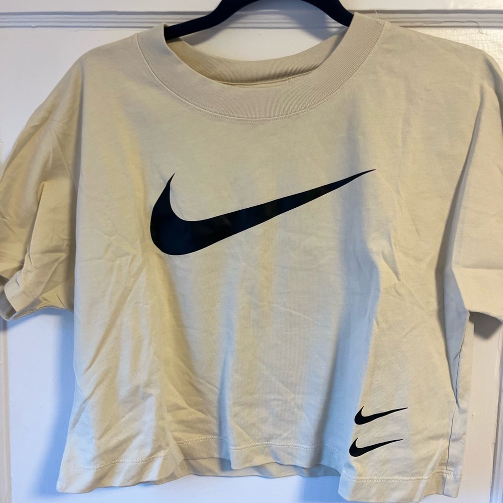Nike Women's Beige Crop Top with Black Logo